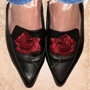 INTENTIONALLY BLANK Black Leather Pointed Mules with Red Rose Embroidery